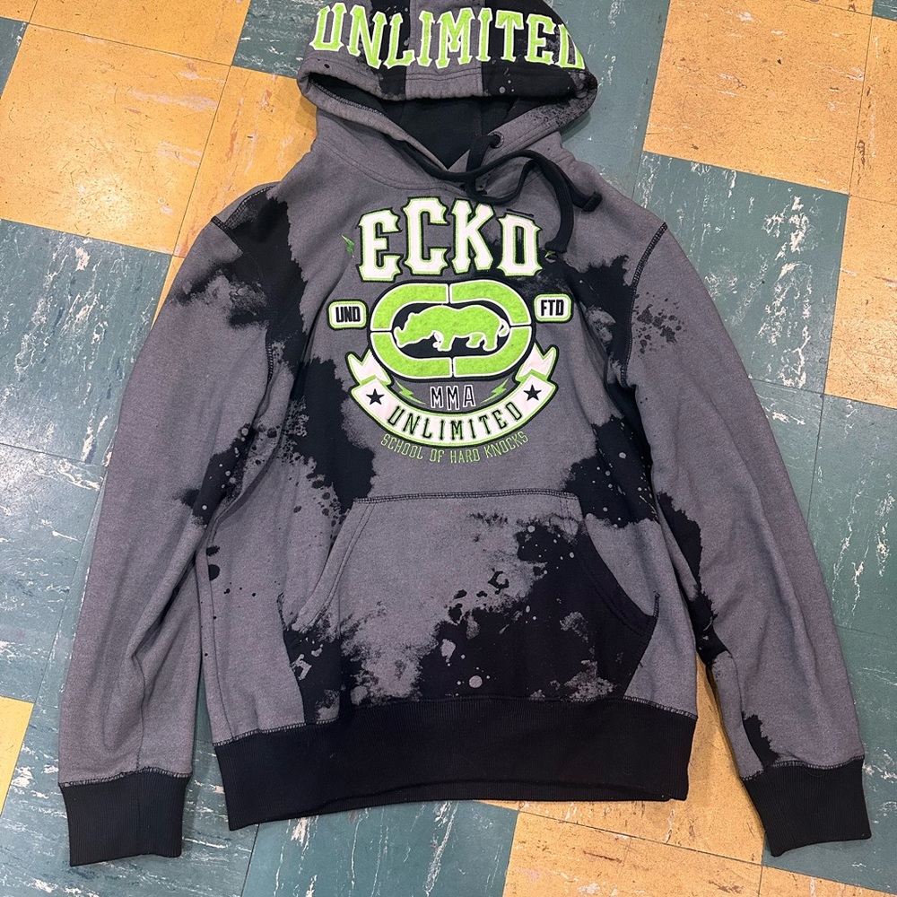 Ecko Unlimited Gray and Black Hoodie with Urban Tie-Dye Design